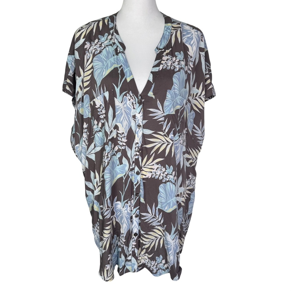 TORRID Womens 3X Taupe Blue Tropical Floral Challis Dolman Sleeveless Blouse Top